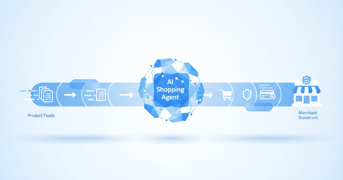 Diagram-style illustration of an AI shopping agent connecting to a merchant store through two protocol bridges, one for product feeds and one for checkout and payment tokens