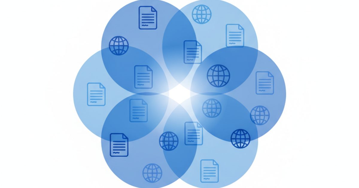 Overlapping circles representing the cited sources of repeated AI answers to one prompt, with only a small shared core that persists across runs