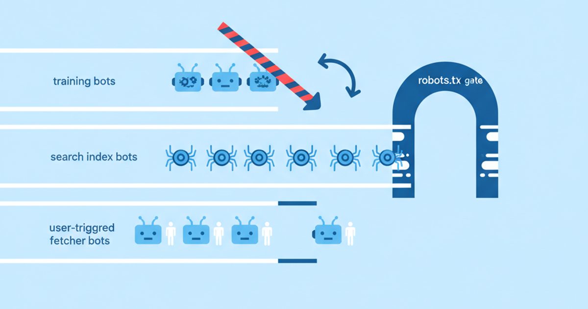 Diagram of three classes of AI crawlers - training bots, search index bots and user-triggered fetchers - passing through a robots.txt gate with separate allow and block paths