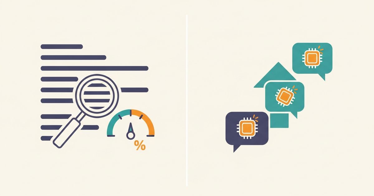 Split illustration contrasting an AI detector scoring a block of text against an AI visibility checker scoring brand mentions across chat assistants