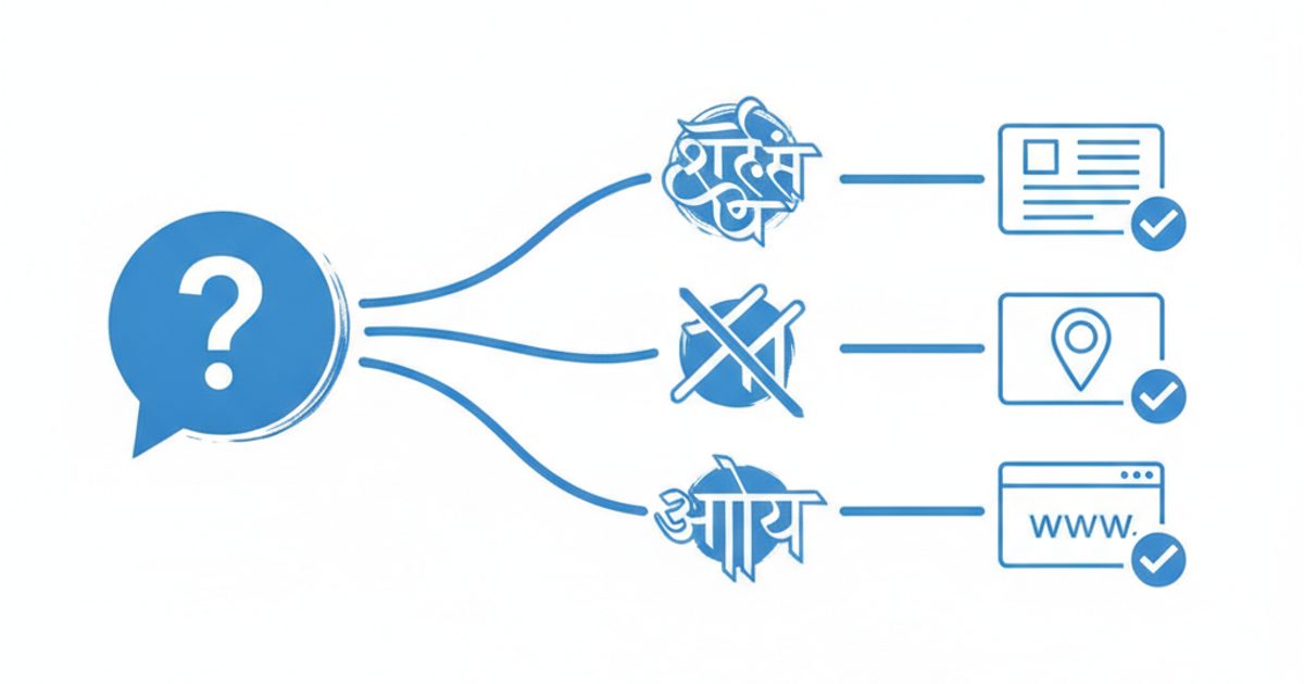 Illustration of one search question branching into several Indian-language scripts and then converging on a small set of cited source pages, including a local directory listing and a business website