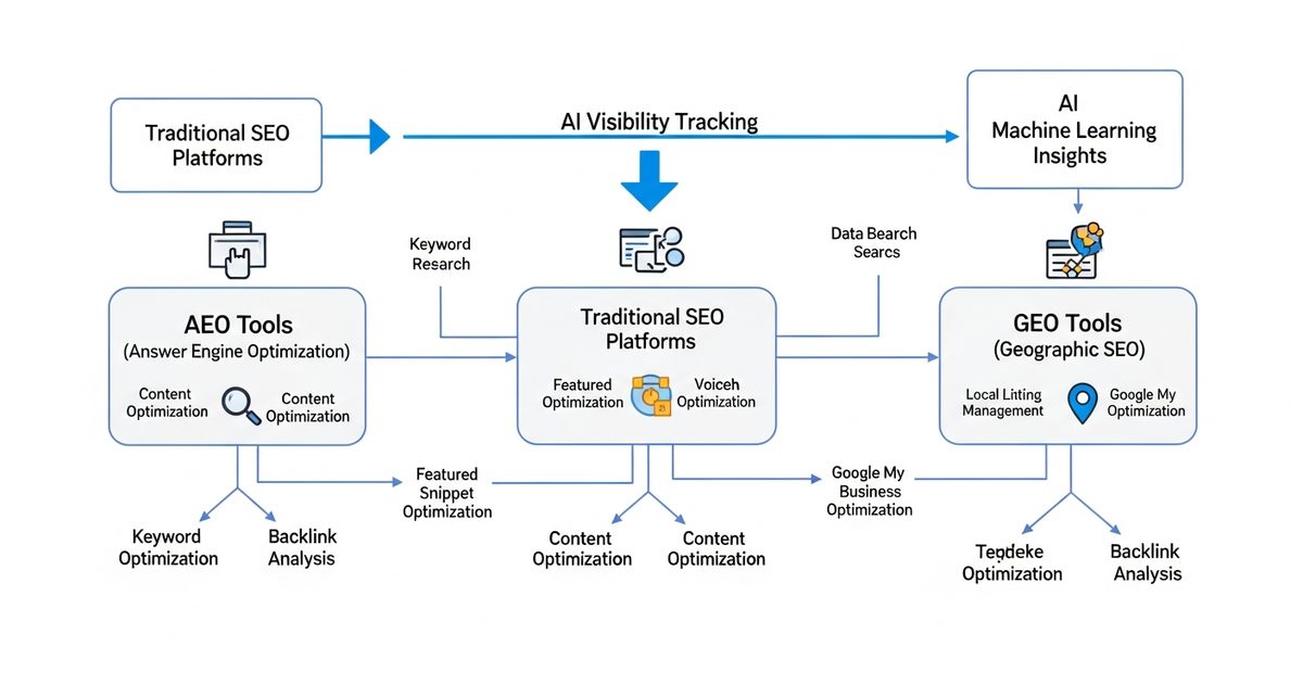 SEO tools ecosystem showing traditional SEO and AEO platforms working together for complete search visibility in 2026