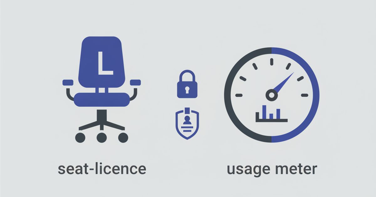 Comparison diagram showing seat-priced AI assistants on one side and usage-metered AI platforms on the other, with security controls listed between them