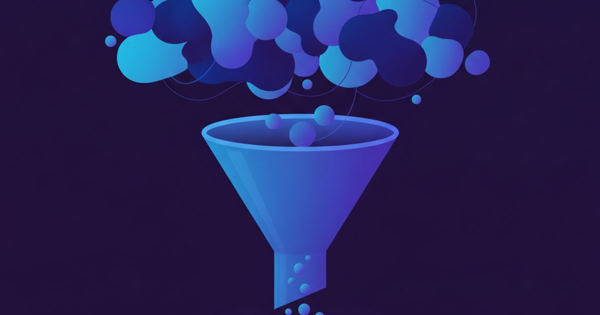 Illustration of a wide set of keyword ideas narrowing down through a filtering funnel to a small set of prioritized target keywords