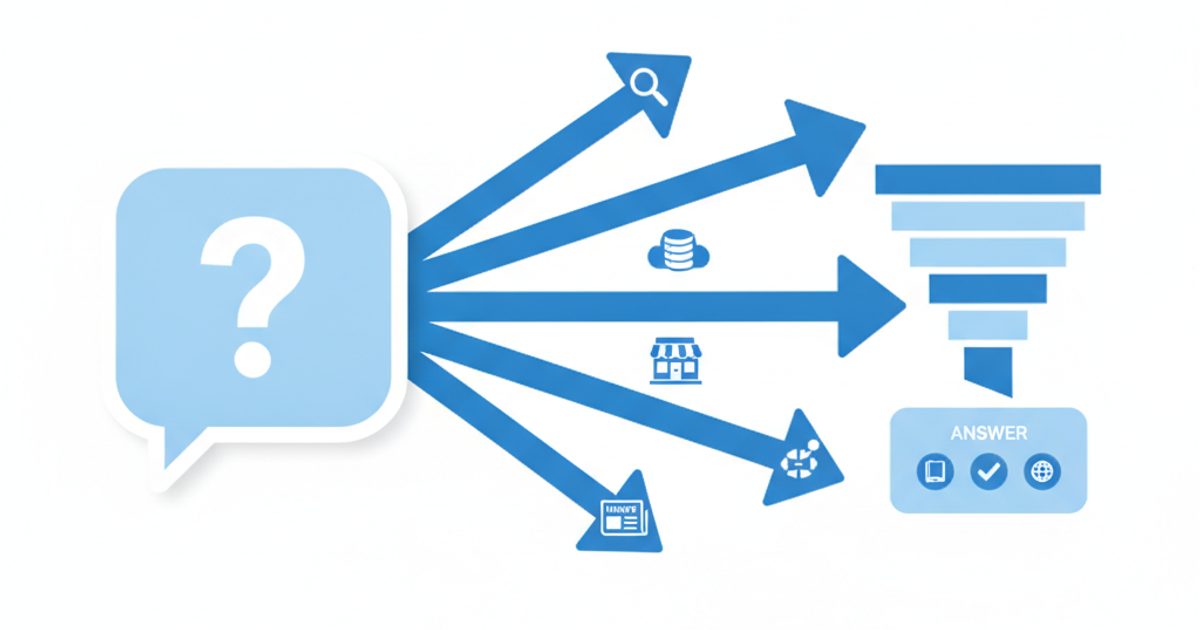 Diagram of a chat question splitting into several search queries that flow into an index, a cache and partner search providers, then merge into one cited answer