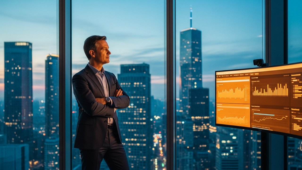 Business leader reviewing AI analytics dashboard