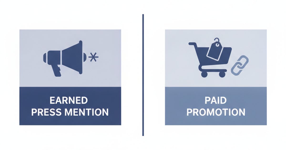 Diagram contrasting an earned editorial mention with a hyperlink carrying a price tag
