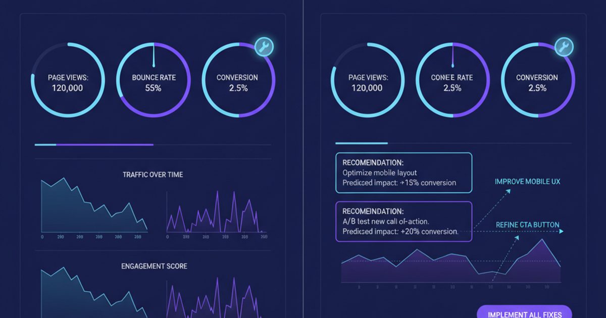 Comparison illustration of a tracking-only AI visibility dashboard versus a dashboard that also generates fix recommendations