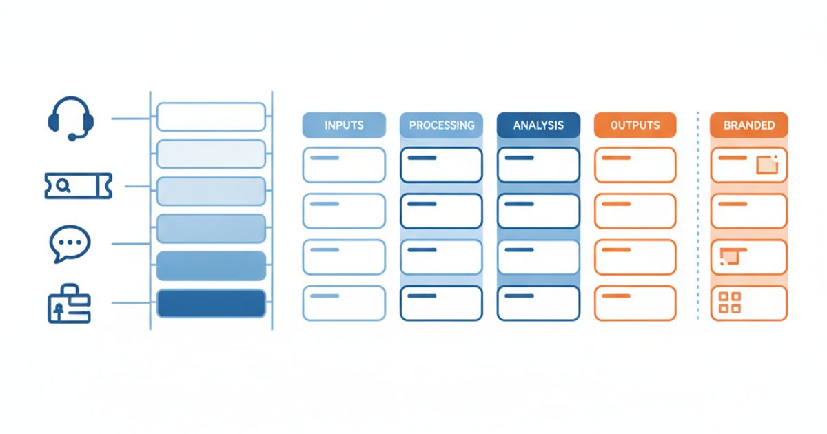 Diagram of the prompt research process: scattered buyer questions from sales calls, support tickets and search data are filtered through an evidence ladder and grouped into tagged intent clusters by funnel stage