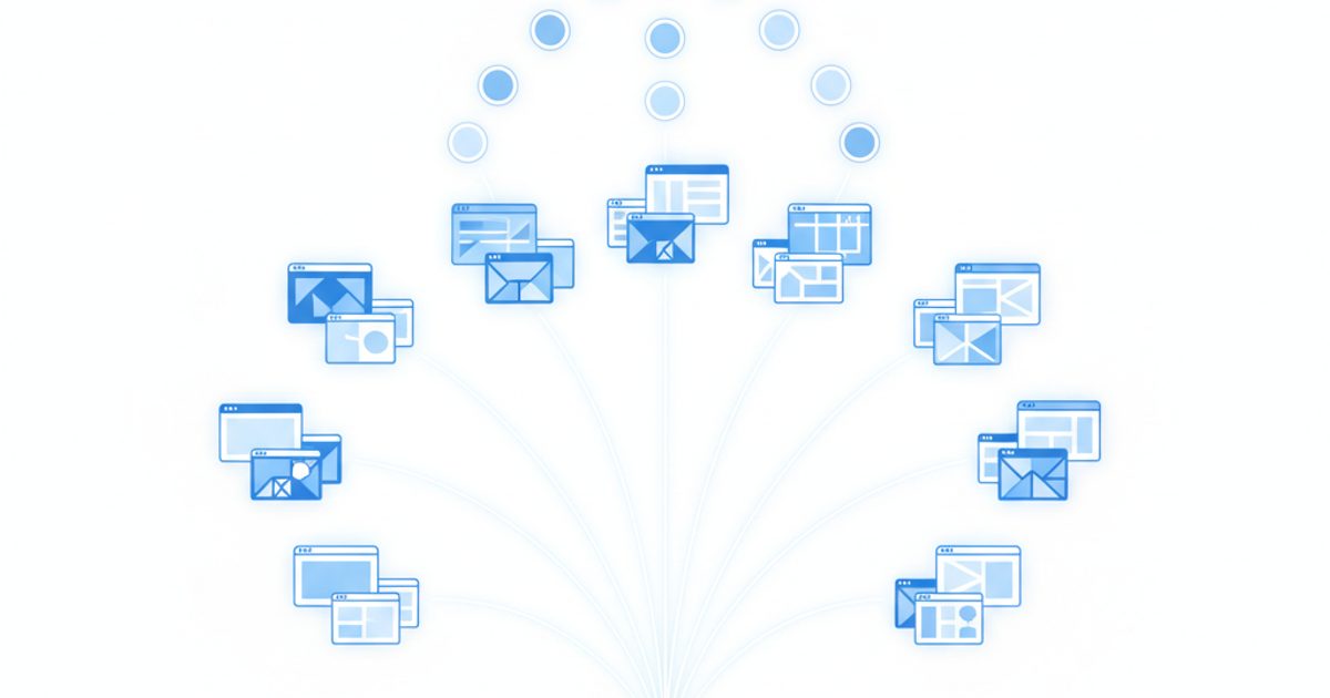 Diagram-style illustration of one user question branching into many smaller search queries, each retrieving different web pages that merge back into a single AI answer