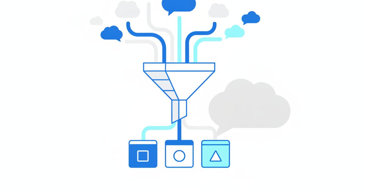 Streams of visitors from AI chat assistants flowing into an analytics funnel, with some streams leaking into unlabelled direct traffic
