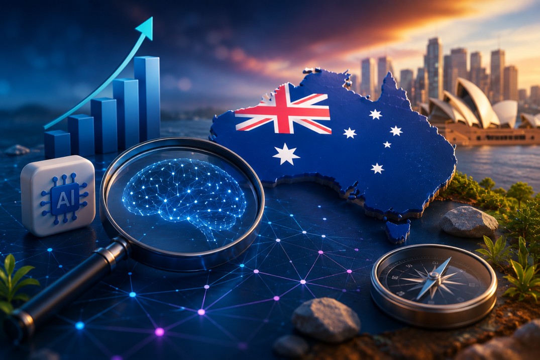 AI search optimization concept showing artificial intelligence, search analytics, and digital marketing in Australia.