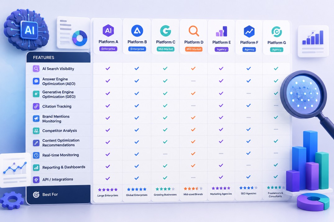 Comparison dashboard illustrating features across leading AEO and GEO platforms, including AI search visibility, citation tracking, brand monitoring, analytics, and reporting tools in 2026.