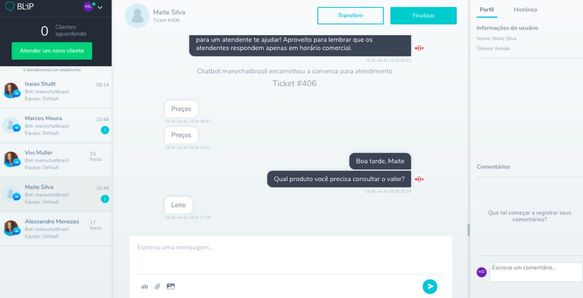 واجهة منشئ روبوت دردشة Blip لإنشاء تدفقات محادثة واتساب