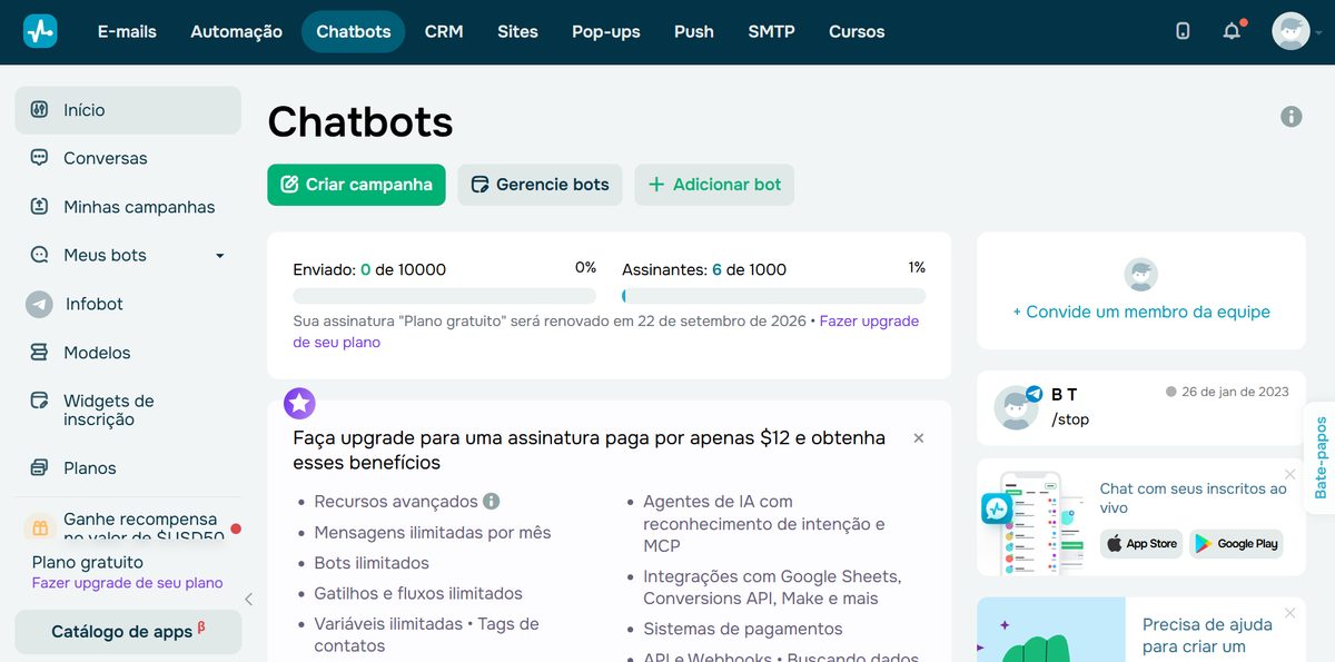 لوحة تحكم روبوت دردشة SendPulse تعرض الروبوتات والمشتركين وترقية خطة Pro مع وكلاء الذكاء الاصطناعي والمدفوعات