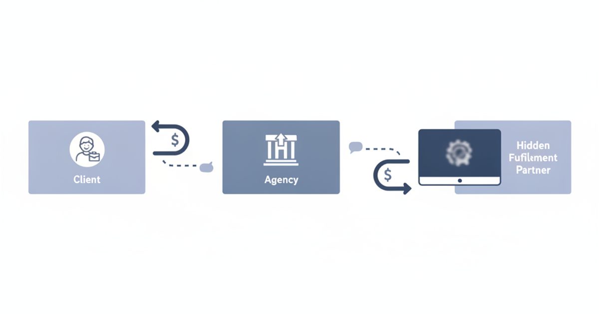Diagram showing a reseller agency between its client and an unbranded fulfilment partner, with the money and communication paths marked